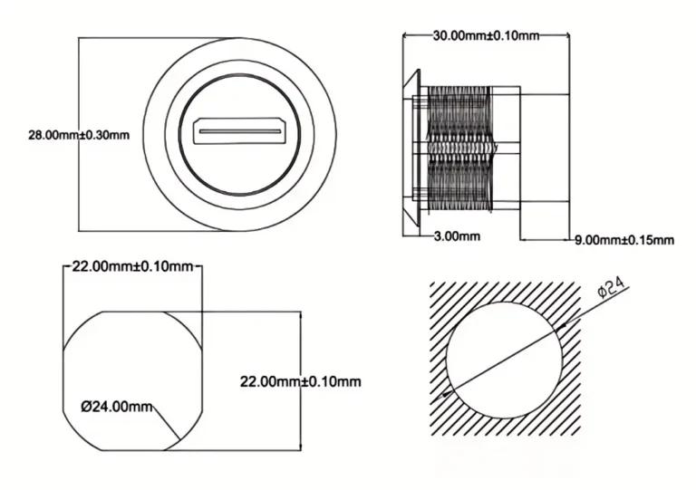 4K HDMI 2.0 Panel Mount Socket Circular Connector HDMI to HDMI Female Wall Faceplate Connector Drawing