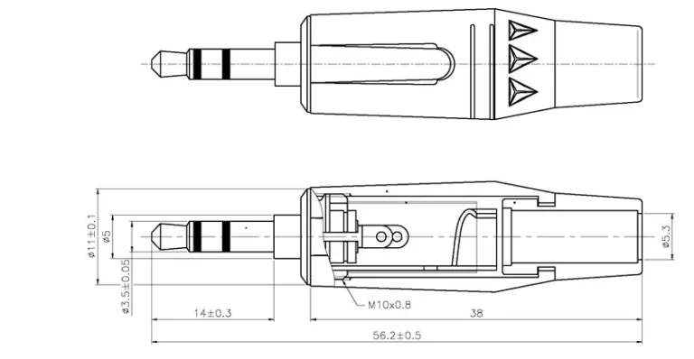 Audio Jack TRS Plugs 3.5mm 0.125 inch 3 Pole Stereo Connector Drawing
