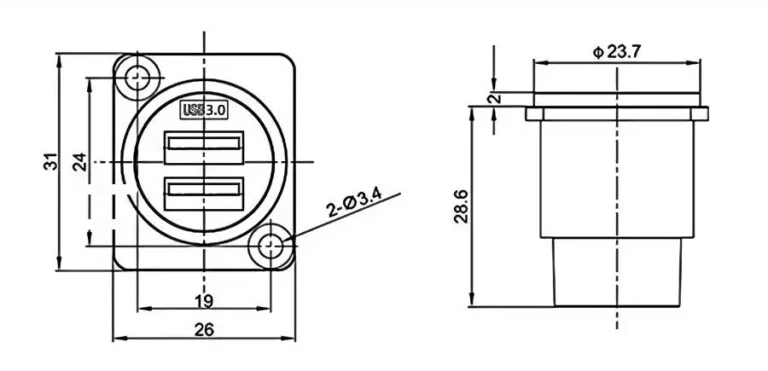 Dual Ports USB 3.0 Panel Screw Mounted Socket Female to Female Coupler D Type USB3.0 Connector Drawing