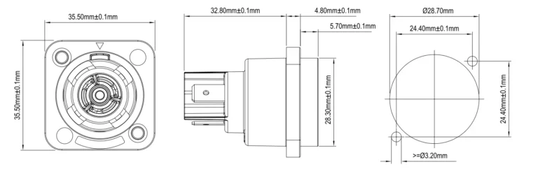 PowerCon Chassis Waterproof 3 Cores Female Socket Power Connector NAC3FPX Drawing