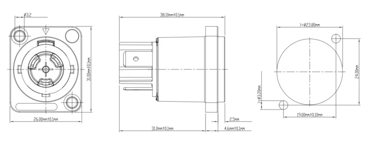 PowerCon Chassis Waterproof 3 Pins Male Socket Power Connector NAC3MPX Drawing