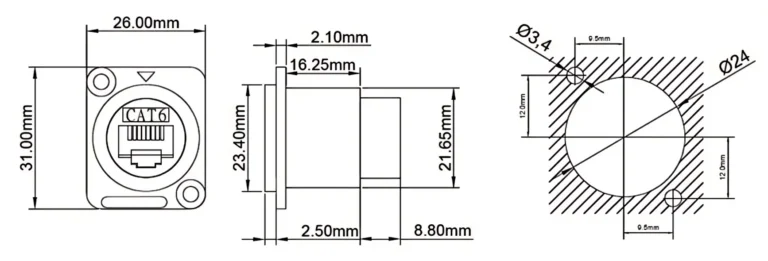 RJ45 Screw Panel Mount Socket D type CAT6 Coupler EtherCON Network Adapter Drawing