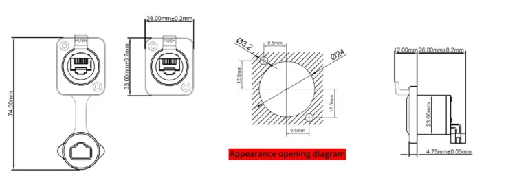RJ45 Waterproof Network Connector Female socket Ethernet Connector NWS100 Drawing