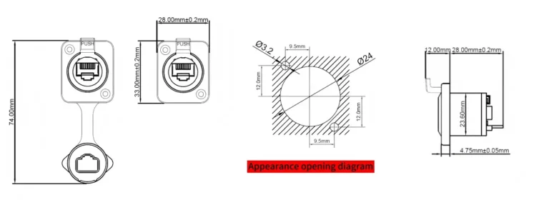 RJ45 Waterproof Network Connector Female socket Ethernet Connector PC100 Drawing