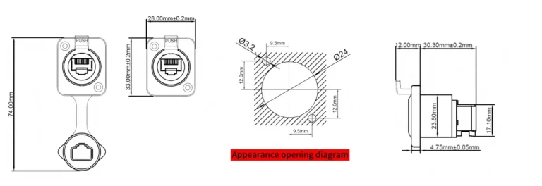RJ45 Waterproof Network Connector Female socket Ethernet Connector WBS100 Drawing