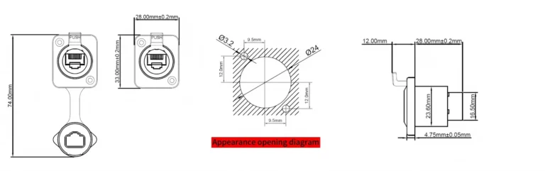 RJ45 Waterproof Network Connector Female socket Ethernet Connector ZB100 and ZBS100 Drawing