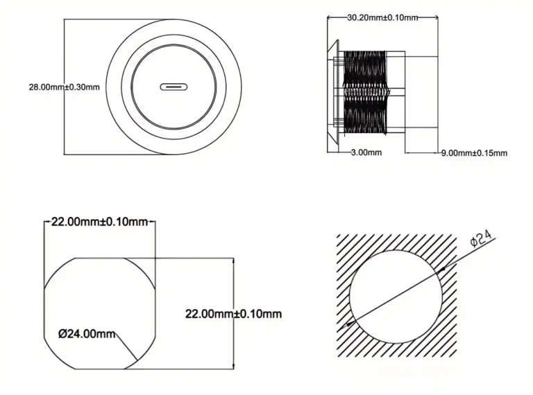 Type C to USB 3.0 Socket Fixed Panel Mount Coupler Circular Female to Female Chassis Converter Docking Drawing