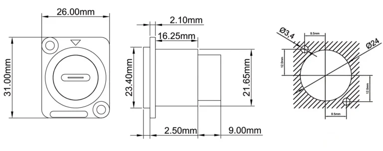 Type C to USB 3.0 Socket Fixed Panel Mount Coupler D type Female to Female Chassis Converter Docking Drawing