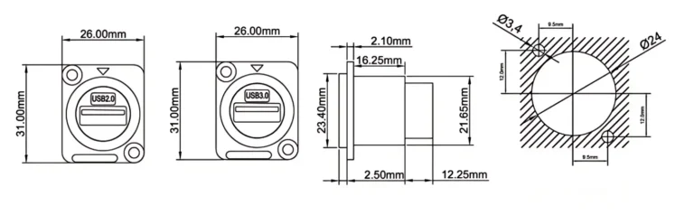 USB3.0 Socket D Type Fixed Flush Mount Adapter High Speed Data Transfer Compatible with USB Devices Drawing