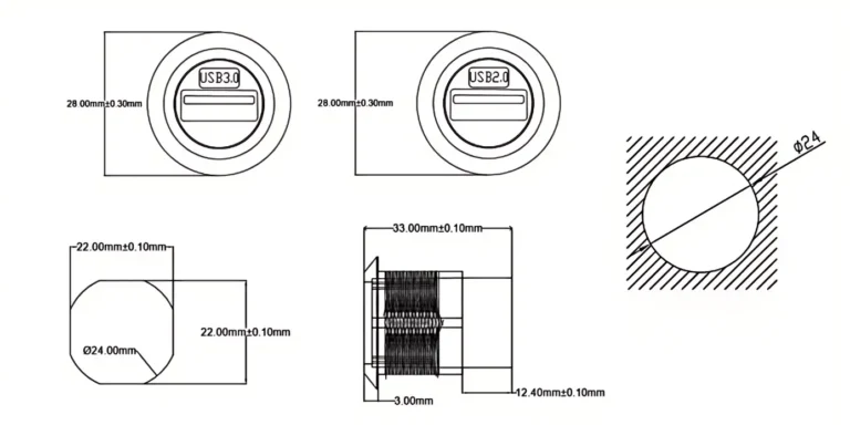 USB3.0 to PCB Board Socket Fixed Panel Mount Coupler Circular Converter Docking Drawing