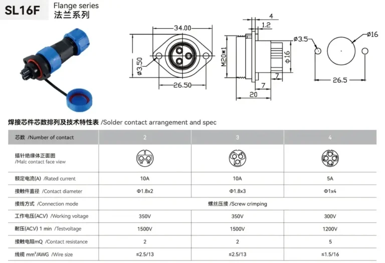Waterproof Aviation Connector SL16F flange drawing