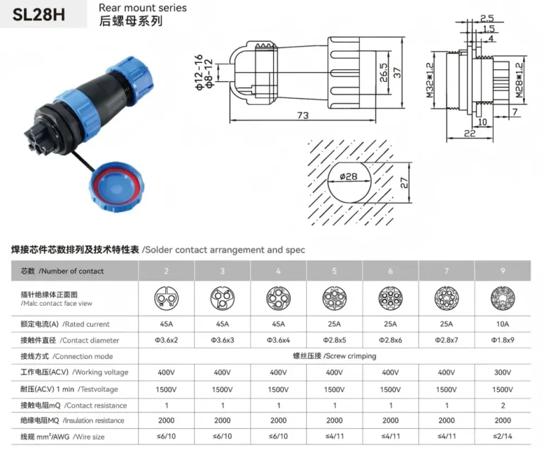 Waterproof Aviation Connector SL28H rearnut drawing