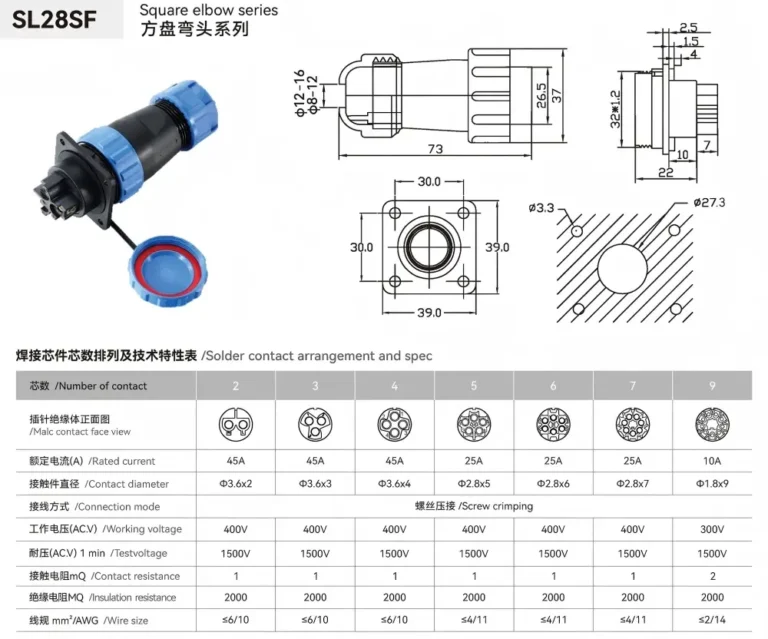 Waterproof Aviation Connector SL28SF square drawing