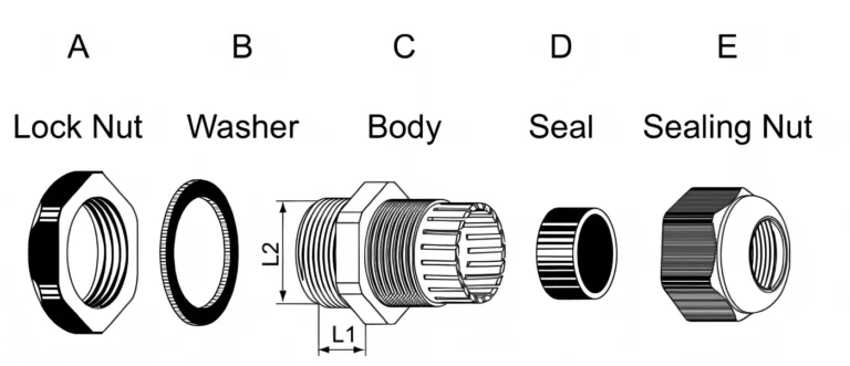 Waterproof plastic united structure cable gland component diagram