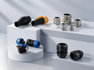 PowerCONs, waterproof cable glands, and waterproof aviation connectors are positioned on platforms at varying heights.