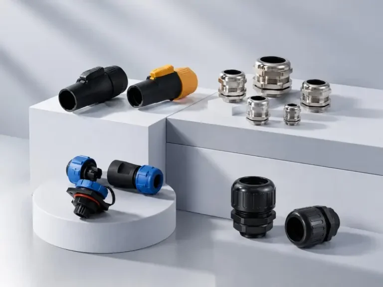 PowerCONs, waterproof cable glands, and waterproof aviation connectors are positioned on platforms at varying heights.