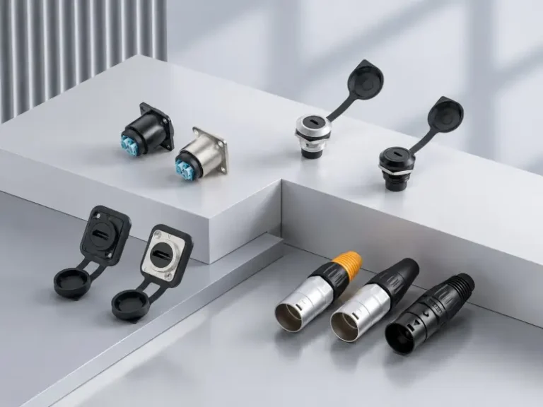 The LC Panel Mount, USB Panel Mount, HDMI Panel Mount, and RJ45 Waterproof Network Connector are positioned on platforms of varying heights.