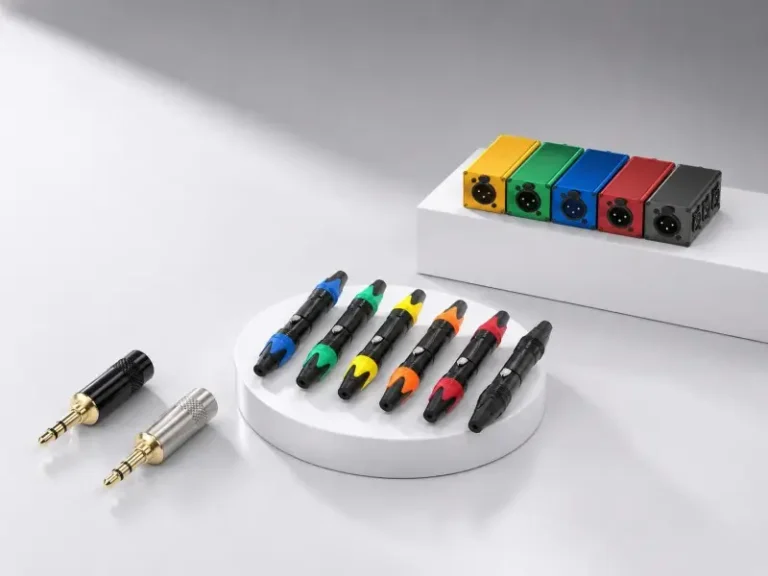 The TRS and XLR audio connectors are located on platforms at different heights.