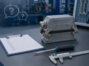 Industrial heavy-duty connectors, screwdrivers, and calipers were placed on the table