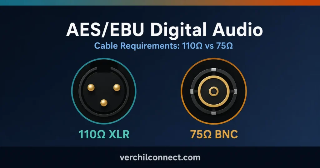 A dark hero banner showing two cable paths, balanced XLR labeled 110 ohms and unbalanced coax labeled 75 ohms, illustrating the AES3 digital audio cable comparison.