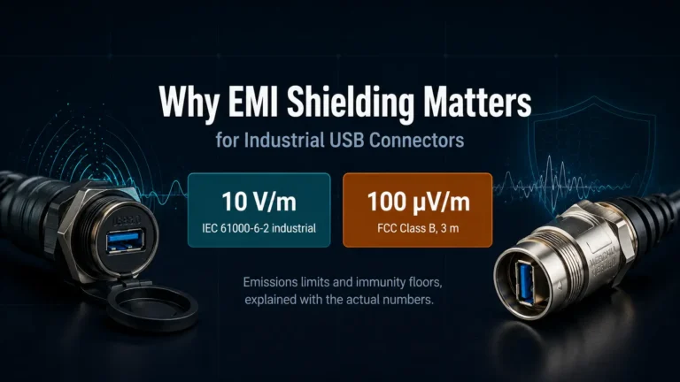 Dark background featured image with the headline text Why EMI Shielding Matters and subtitle for Industrial USB Connectors, plus two highlighted factoid boxes reading 10 V/m IEC 61000-6-2 and 100 uV/m FCC Class B.