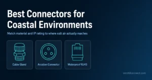 Hero graphic for a buying guide on selecting connectors for coastal and marine environments, showing cable gland, aviation connector, and RJ45 icons against a coastal navy-and-teal background.